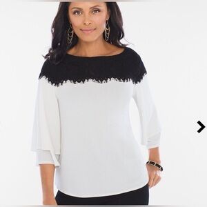 Chico's White Top with Black Lace Yoke and Layered Flutter Sleeves